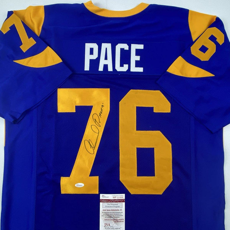 Autographed/Signed Orlando Pace HOF 16 St. Louis Retro Blue Football Jersey JSA COA