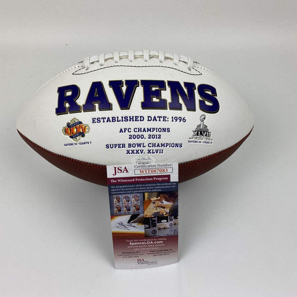 Autographed/Signed Ray Lewis Baltimore Ravens Full Size FS White Panel Logo Football JSA COA