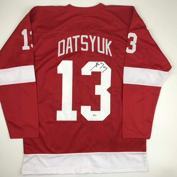 Autographed/Signed Pavel Datsyuk Detroit Red Hockey Jersey Beckett BAS COA Holo Only