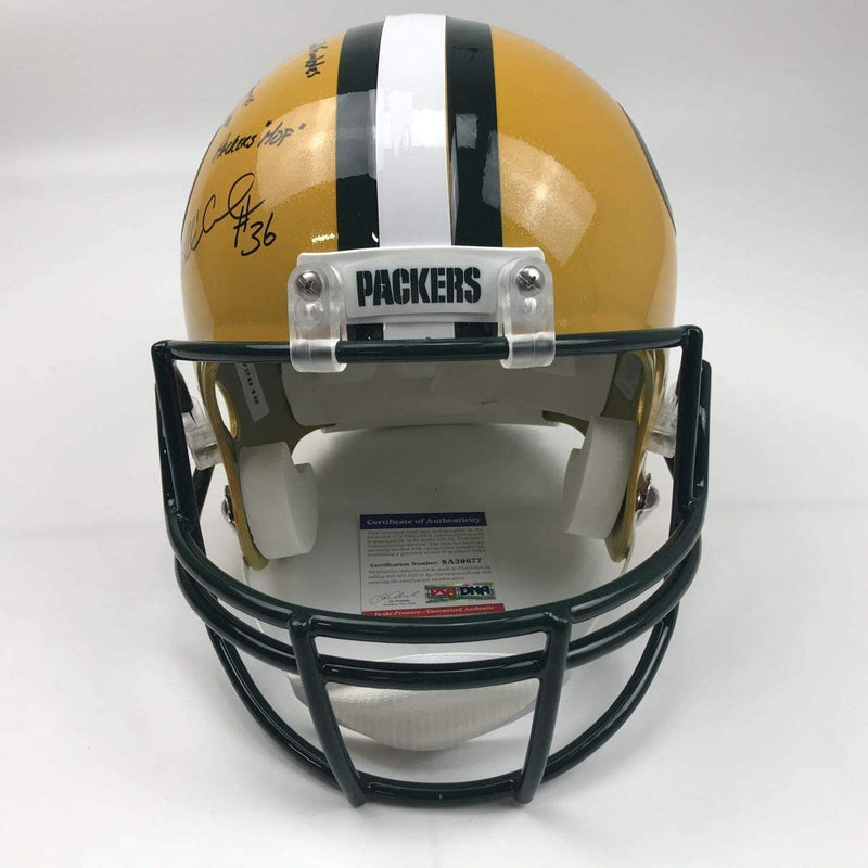 Autographed/Signed Nick Collins Green Bay Packers Yellow Stat Full Size FS F/S Replica Football Helmet PSA/DNA COA