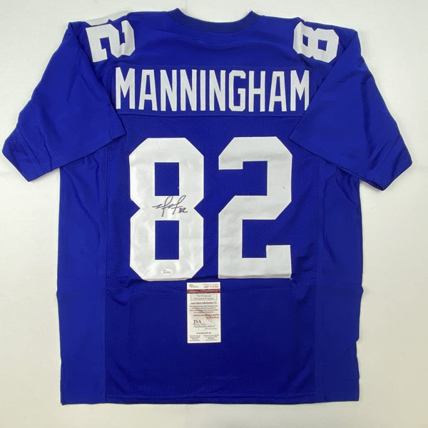 Autographed/Signed Mario Manningham New York Blue Football Jersey JSA COA