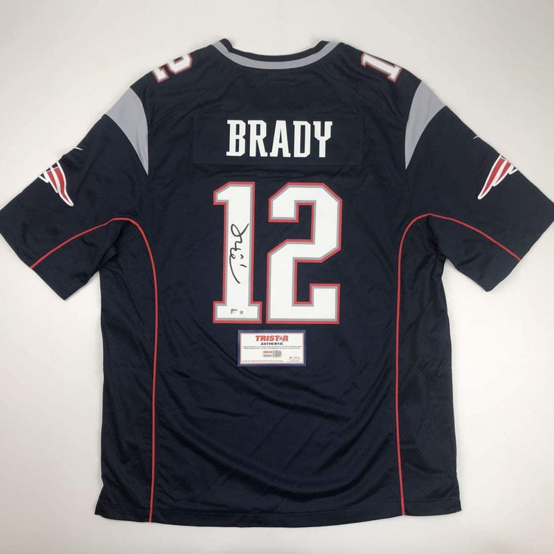 Autographed/Signed Tom Brady New England Patriots Blue Authentic Nike Game Football Jersey Tristar COA