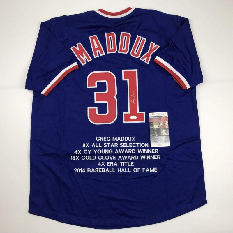 Autographed/Signed Greg Maddux Chicago Blue Stat Baseball Jersey JSA COA