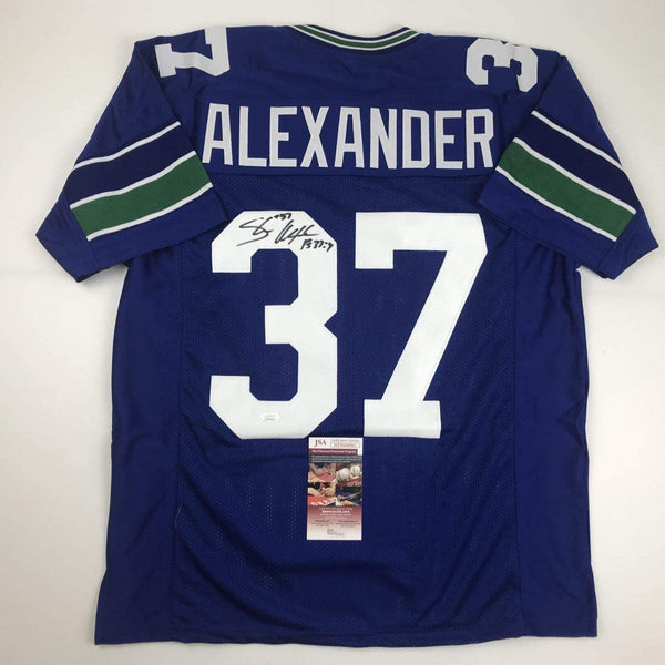 Autographed/Signed Shaun Alexander Seattle Blue Football Jersey JSA COA