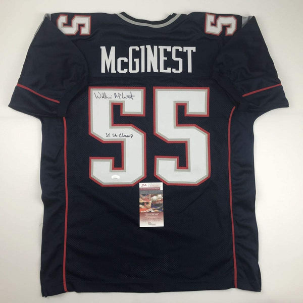 Autographed/Signed Willie McGinest 3x SB Champ New England Blue Football Jersey JSA COA