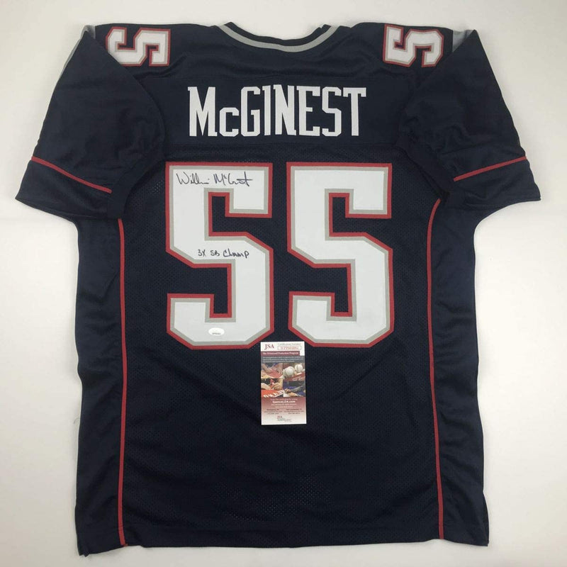 Autographed/Signed Willie McGinest 3x SB Champ New England Blue Football Jersey JSA COA