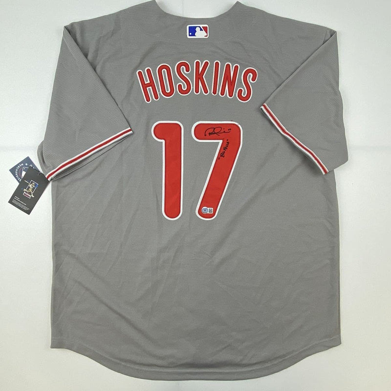 Autographed/Signed Rhys Hoskins Big Fella Philadelphia Grey Baseball Jersey Beckett BAS COA