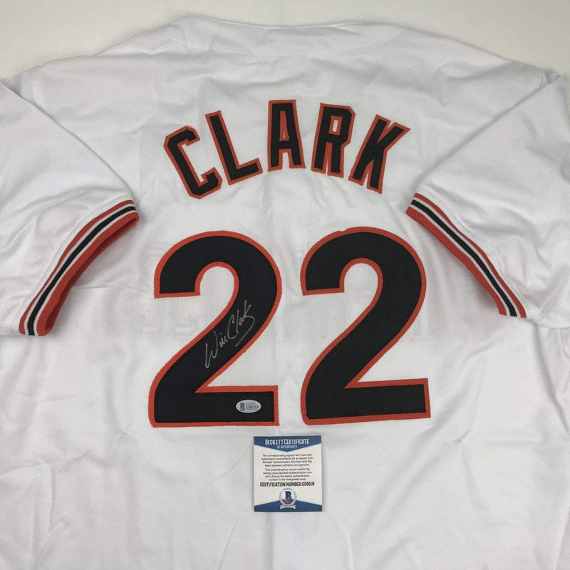 Autographed/Signed Will Clark San Francisco White Baseball Jersey Beckett BAS COA