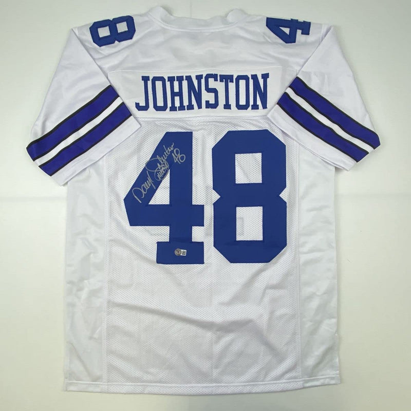 Autographed/Signed Daryl Moose Johnston Dallas White Football Jersey Beckett BAS COA
