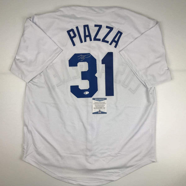 Autographed/Signed Mike Piazza Los Angeles LA White Baseball Jersey Beckett BAS COA