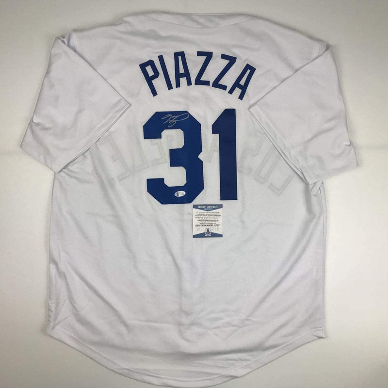 Autographed/Signed Mike Piazza Los Angeles LA White Baseball Jersey Beckett BAS COA