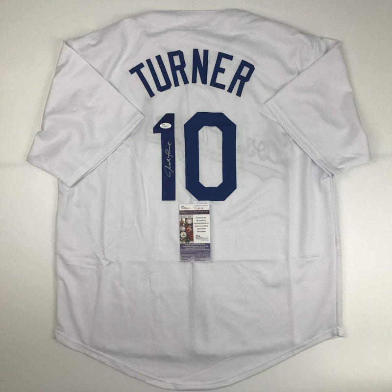 Autographed/Signed Justin Turner Los Angeles LA White Baseball Jersey JSA COA