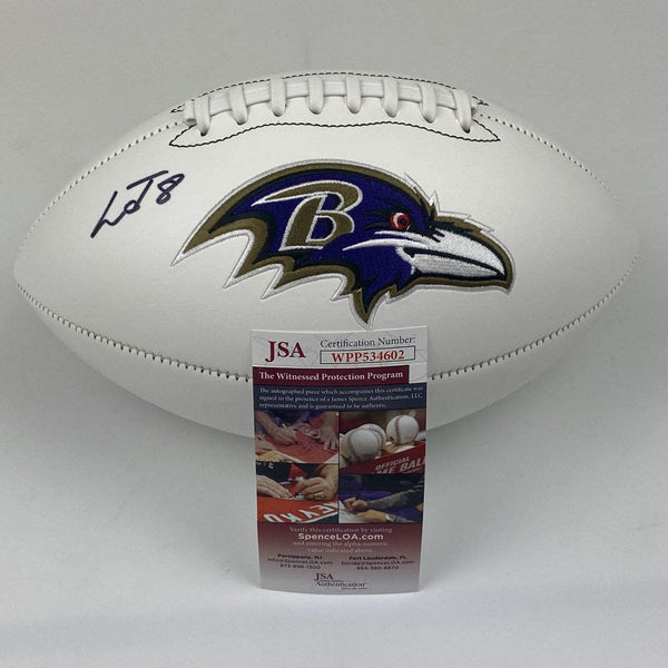 Autographed/Signed Lamar Jackson Baltimore Ravens Full Size FS White Panel Logo Football JSA COA