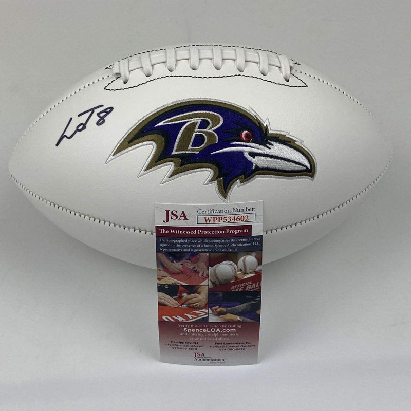 Autographed/Signed Lamar Jackson Baltimore Ravens Full Size FS White Panel Logo Football JSA COA