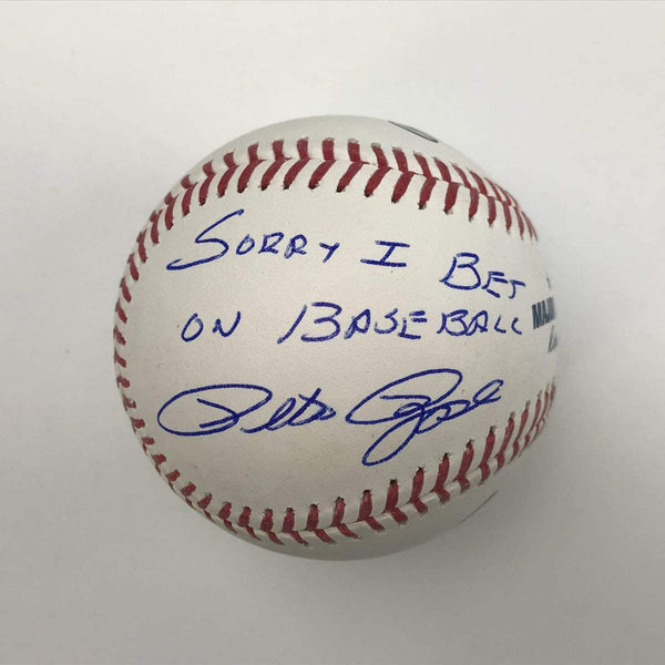 Autographed/Signed Pete Rose Sorry I Bet On Baseball Rawlings ROML JSA COA