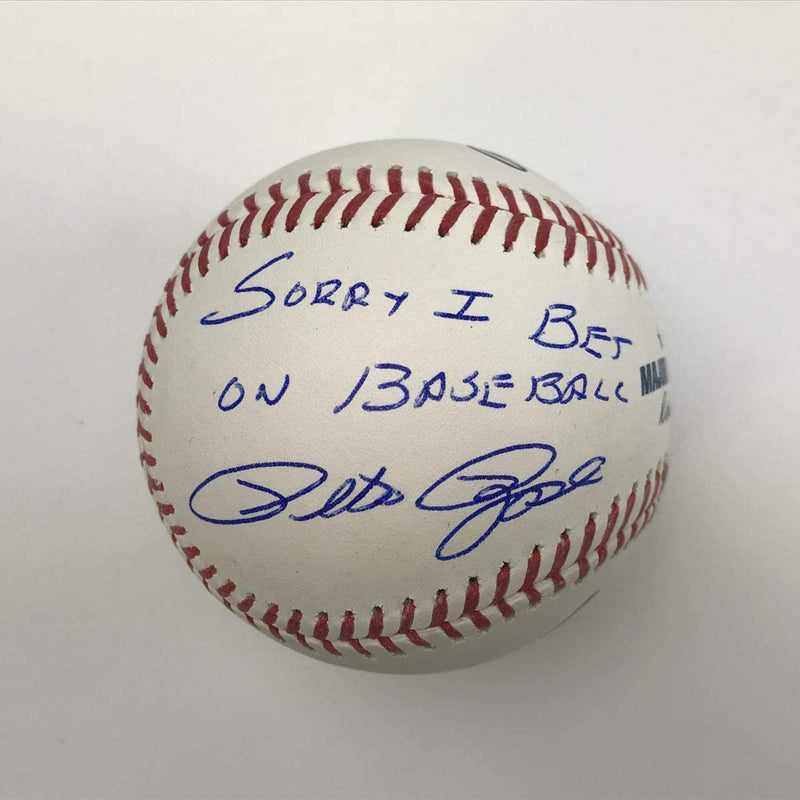 Autographed/Signed Pete Rose Sorry I Bet On Baseball Rawlings ROML JSA COA