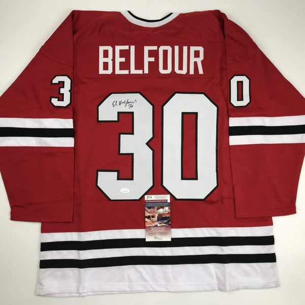 Autographed/Signed Ed Belfour Chicago Red Hockey Jersey JSA COA