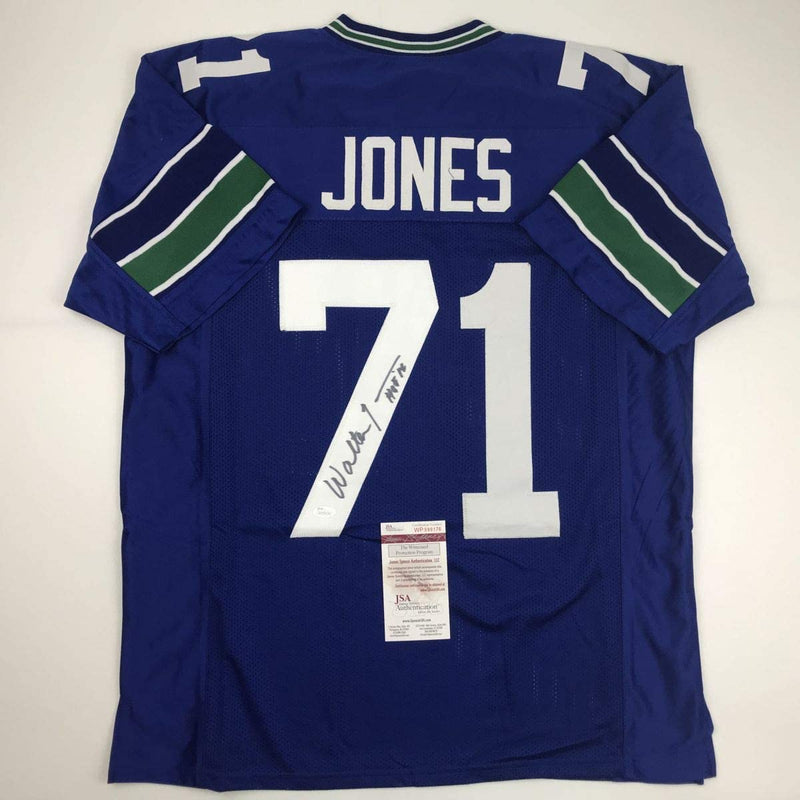 Autographed/Signed Walter Jones HOF 14 Seattle Blue Football Jersey JSA COA