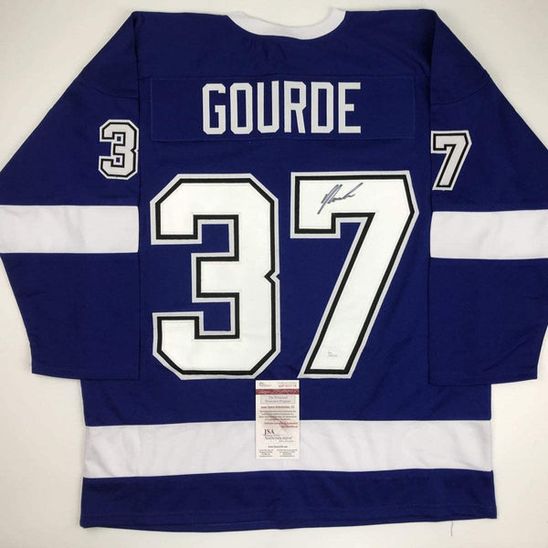 Autographed/Signed Yanni Gourde Tampa Bay Blue Hockey Jersey JSA COA