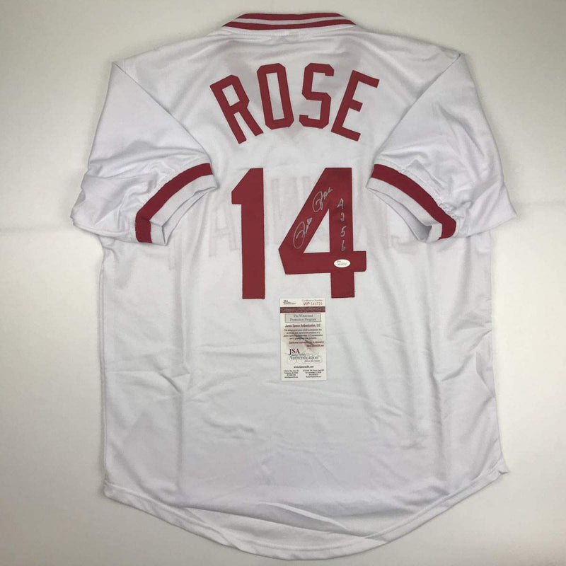 Autographed/Signed Pete Rose 4256 Cincinnati White Baseball Jersey JSA COA