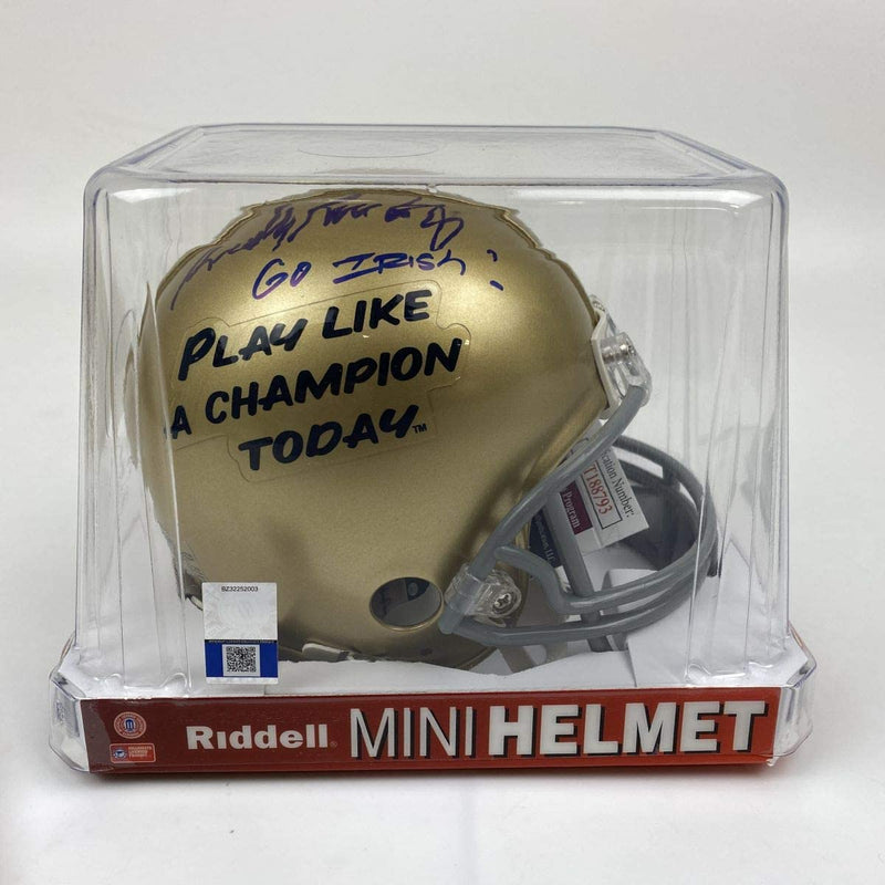 Autographed/Signed Rudy Ruettiger Go Irish Notre Dame Football Mini Helmet JSA COA