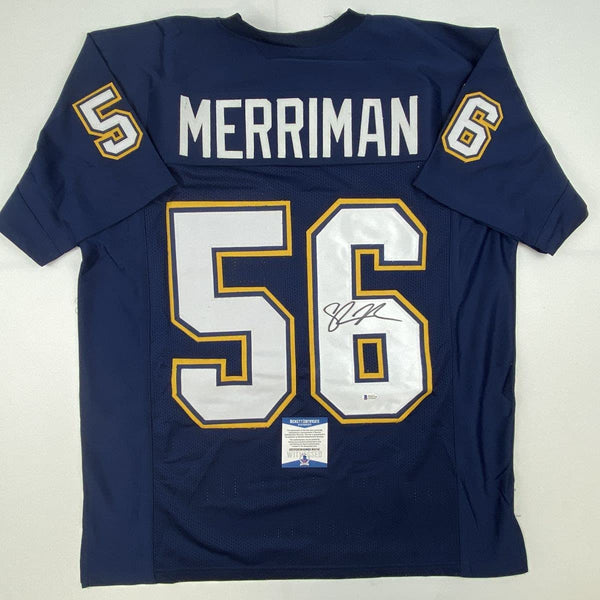 Autographed/Signed Shawne Merriman San Diego Dark Blue Football Jersey Beckett BAS COA
