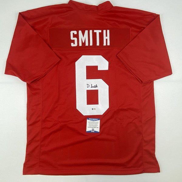 Autographed/Signed Devonta Smith Alabama Red College Football Jersey Beckett BAS COA