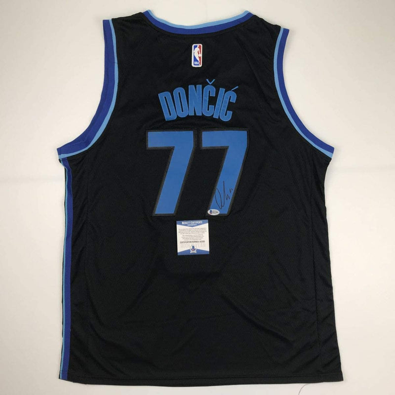 Autographed/Signed Luka Doncic Dallas Black Basketball Jersey Beckett BAS COA