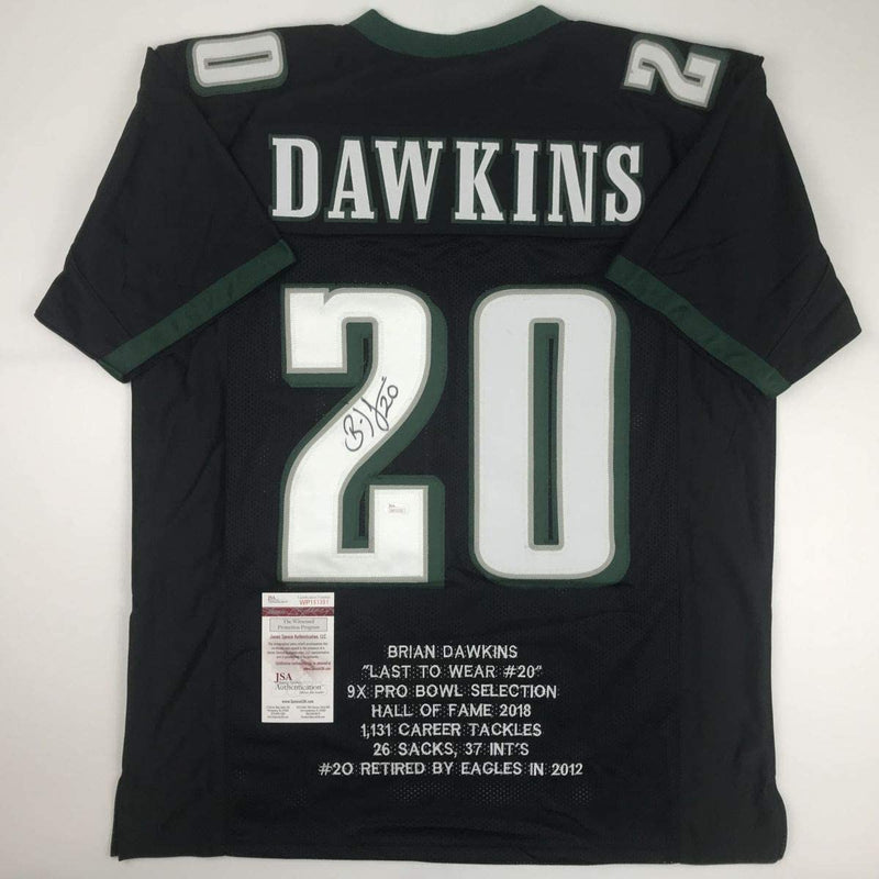 Autographed/Signed Brian Dawkins Philadelphia Black Stat Football Jersey JSA COA