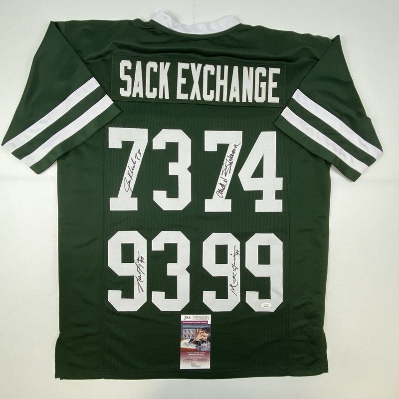 Autographed/Signed NY Sack Exchange Mark Gastineau, Joe Klecko, Marty Lyons & Abdul Salaam New York Green Football Jersey JSA COA