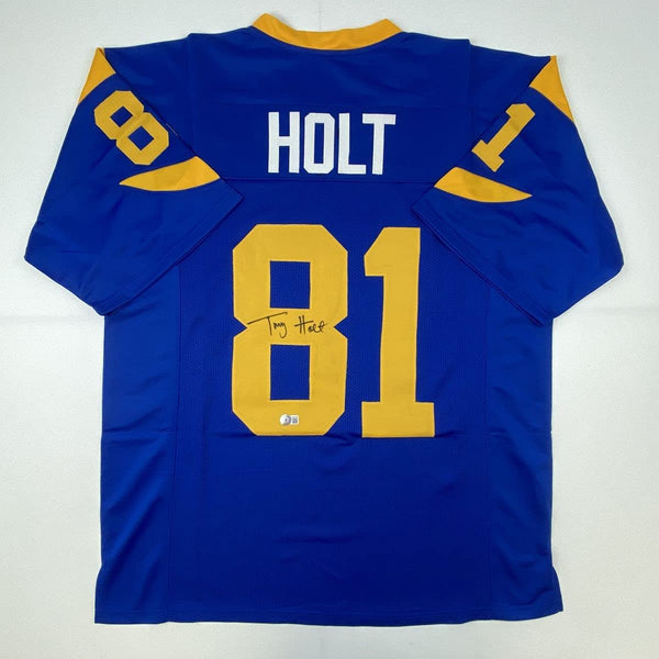 Autographed/Signed Torry Holt St. Louis Retro Blue Football Jersey Beckett BAS COA
