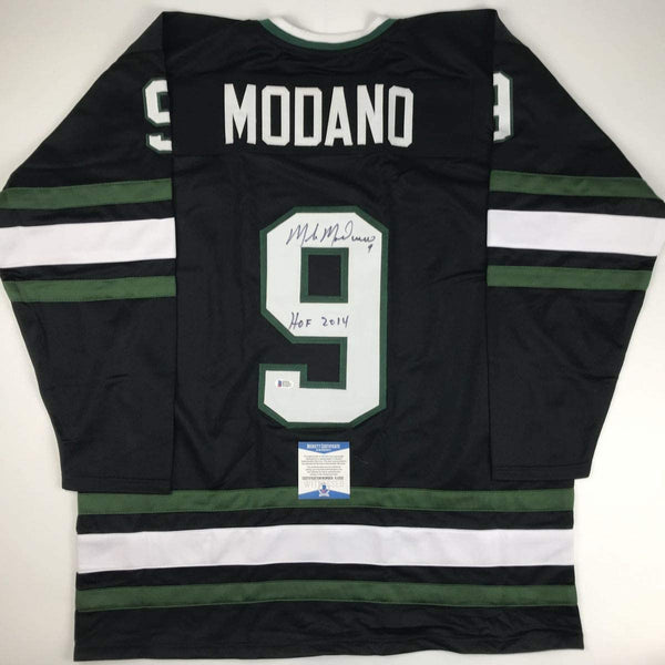 Autographed/Signed Mike Modano HOF 2014 Dallas Black Hockey Jersey Beckett BAS COA