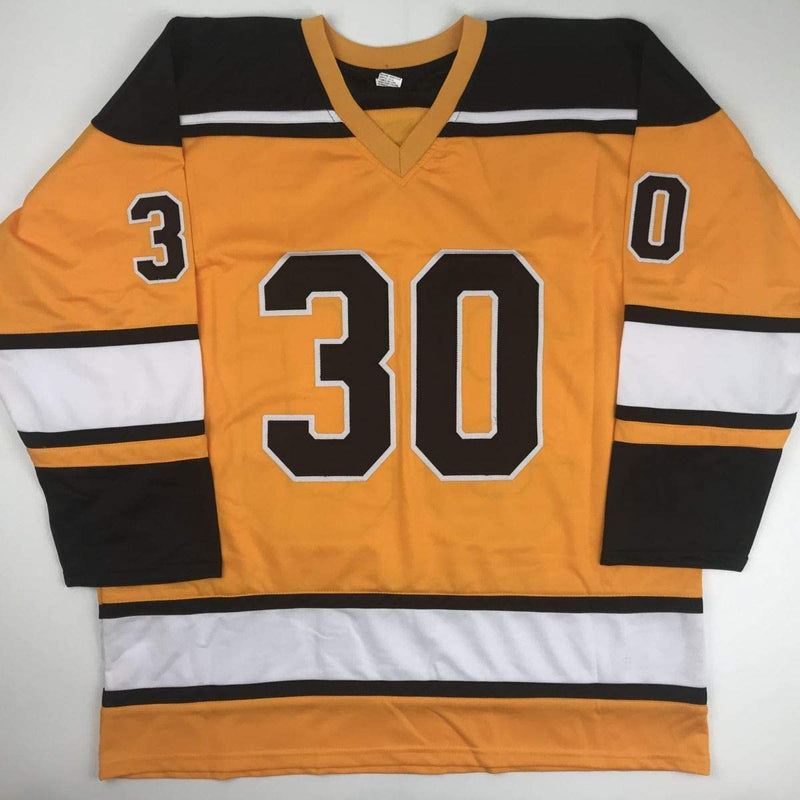 Autographed/Signed Gerry Cheevers HOF 85 Boston Yellow Hockey Jersey JSA COA