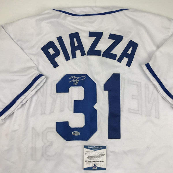Autographed/Signed Mike Piazza New York NY White Baseball Jersey Beckett BAS COA