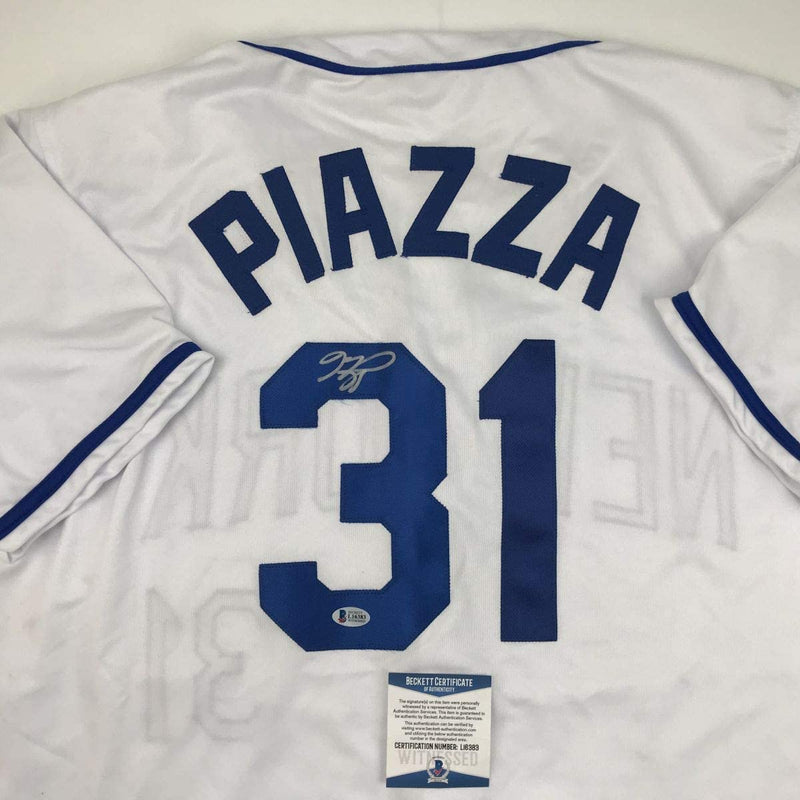 Autographed/Signed Mike Piazza New York NY White Baseball Jersey Beckett BAS COA
