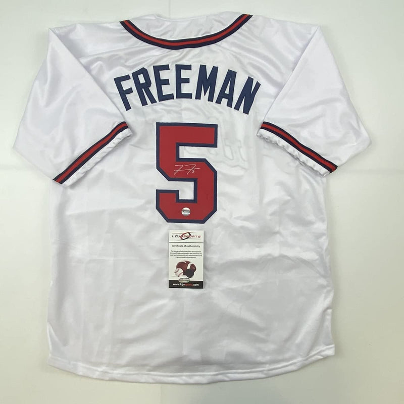 Autographed/Signed Freddie Freeman Atlanta White Baseball Jersey Lojo Exclusive COA