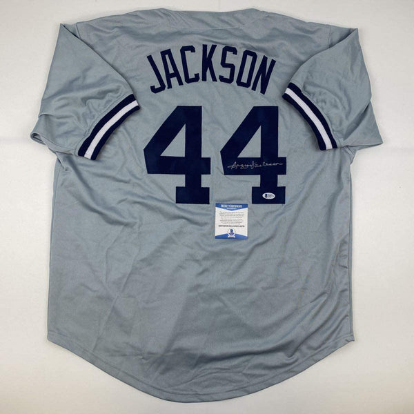Autographed/Signed Reggie Jackson New York Grey Baseball Jersey Beckett BAS COA