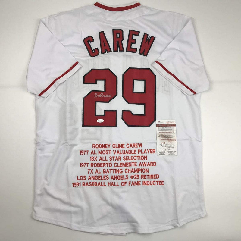 Autographed/Signed Rod Carew Los Angeles White Stat Baseball Jersey JSA COA