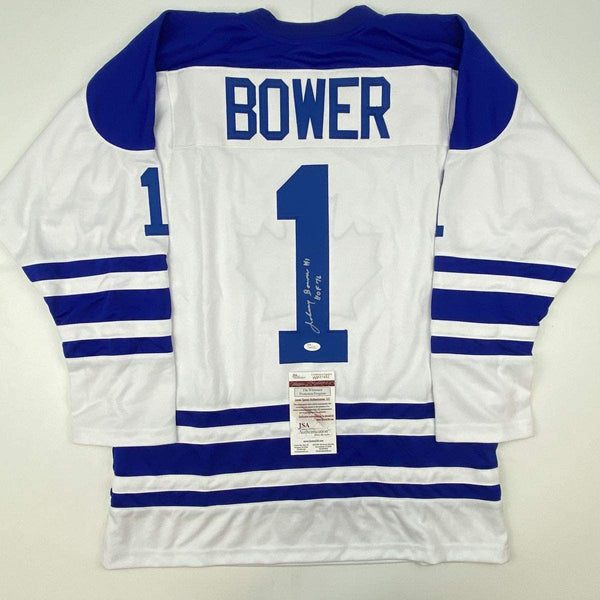 Autographed/Signed Johnny Bower HOF 76 Toronto Blue Hockey Jersey JSA COA