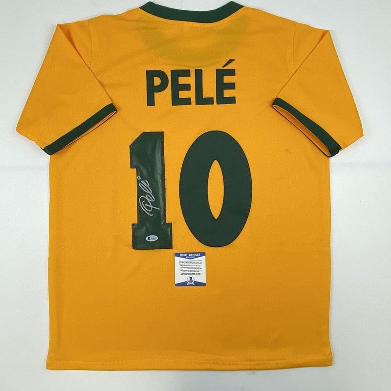Autographed/Signed Pele Brazil Yellow Soccer Futbol Jersey Beckett BAS COA Auto