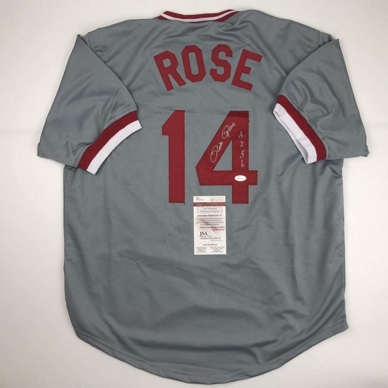 Autographed/Signed Pete Rose 4256 Cincinnati Grey Baseball Jersey JSA COA