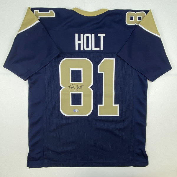 Autographed/Signed Torry Holt St. Louis Dark Blue Football Jersey Beckett BAS COA