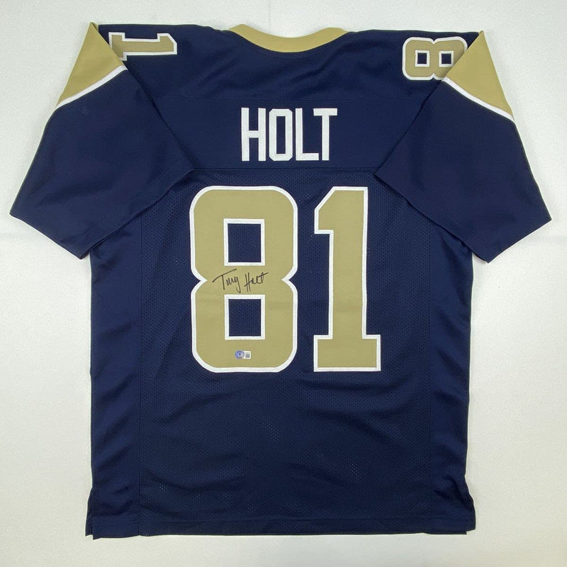 Autographed/Signed Torry Holt St. Louis Dark Blue Football Jersey Beckett BAS COA