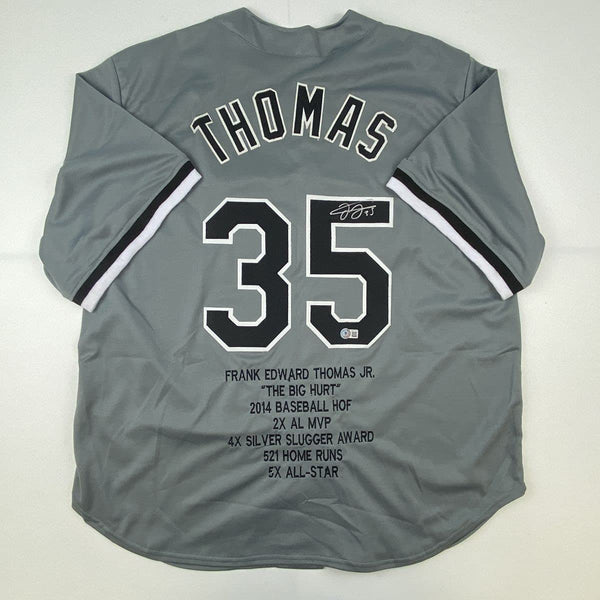 Autographed/Signed Frank Thomas Chicago Grey Stat Baseball Jersey Beckett BAS COA