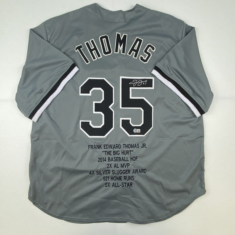Autographed/Signed Frank Thomas Chicago Grey Stat Baseball Jersey Beckett BAS COA