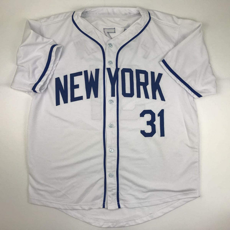 Autographed/Signed Mike Piazza New York NY White Baseball Jersey Beckett BAS COA
