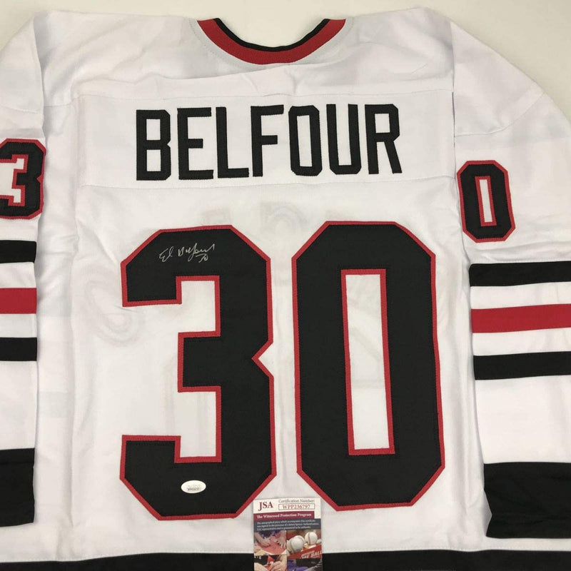 Autographed/Signed Ed Belfour Chicago White Hockey Jersey JSA COA