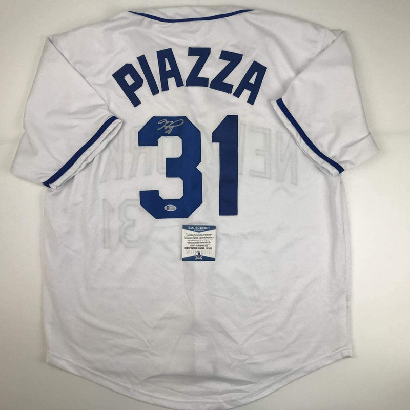 Autographed/Signed Mike Piazza New York NY White Baseball Jersey Beckett BAS COA