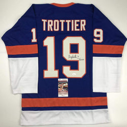 Autographed/Signed Bryan Trottier HOF 97 New York Blue Hockey Jersey JSA COA