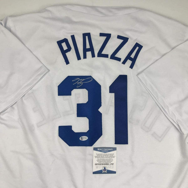 Autographed/Signed Mike Piazza Los Angeles LA White Baseball Jersey Beckett BAS COA